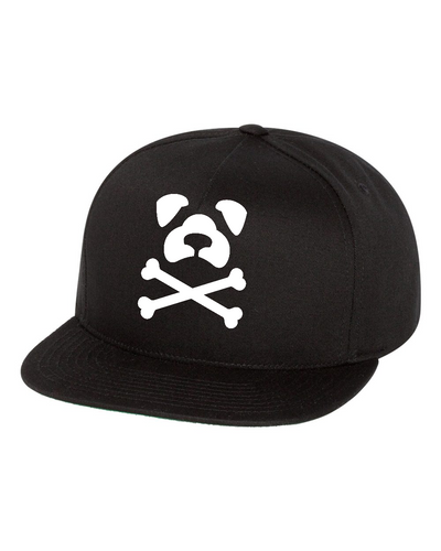 black flat rim hat with fron white dog and bones logo and side DITR 